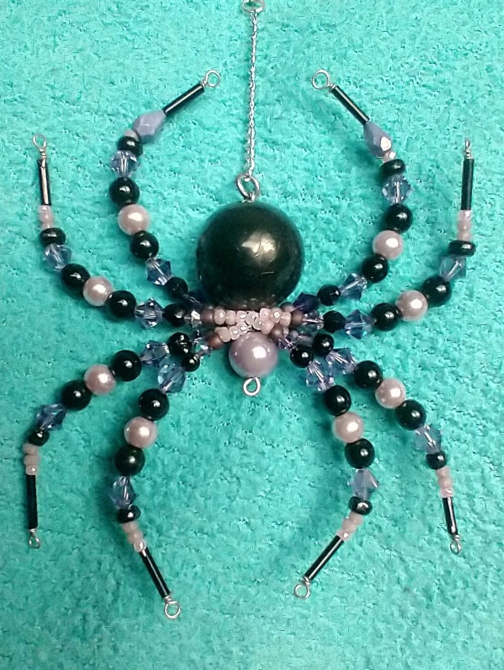 Hand Crafted Purple And Black Beaded Spider Pendant